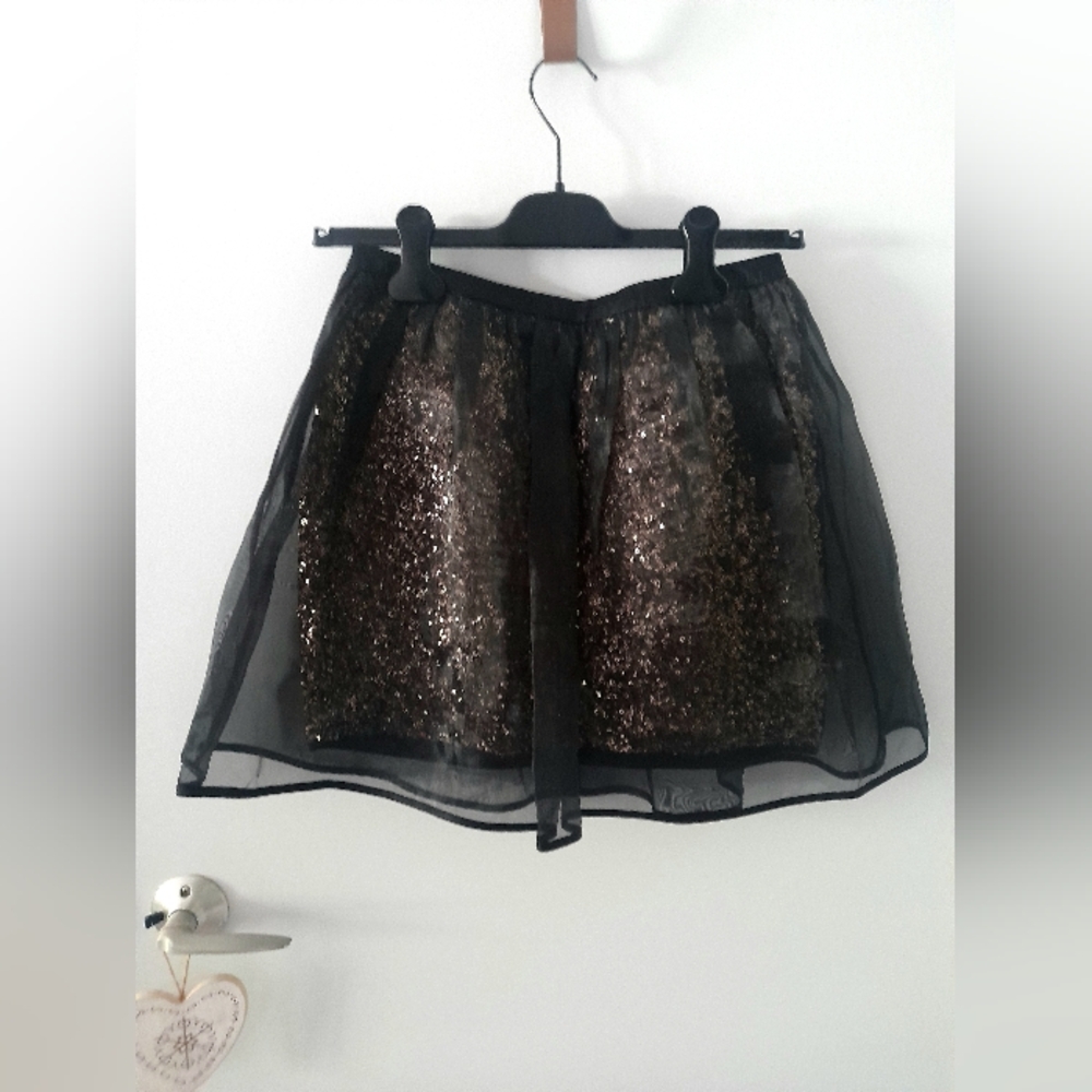 RED Valentino Black and Gold Sequin Mini Skirt